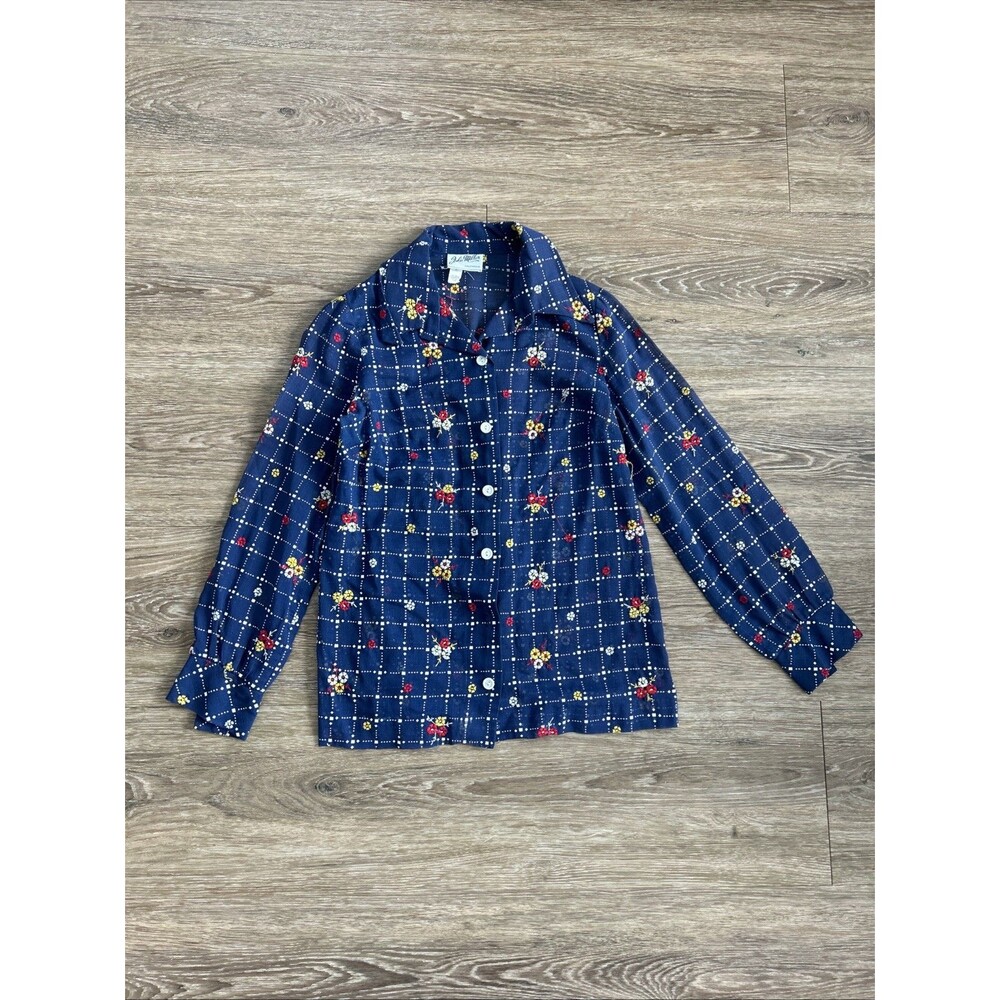 Vtg Womens JULIE MILLER California Blouse  Hand Embroidered Sheer Shirt Navy Sz6
